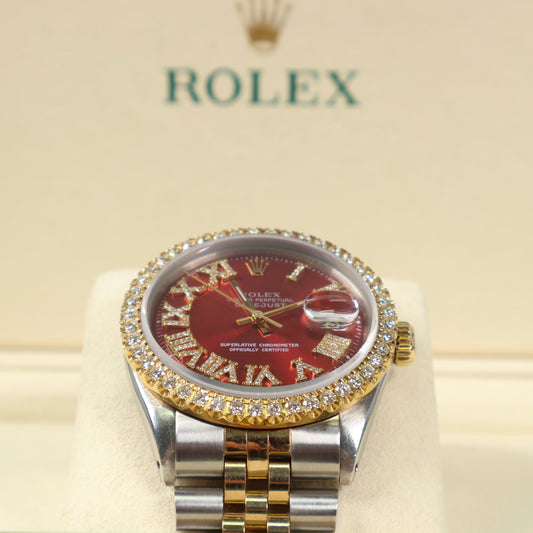 Rolex Datejust Red Face Dia Roman Numbers - Diamond Bezel Watch /  / 36mm /