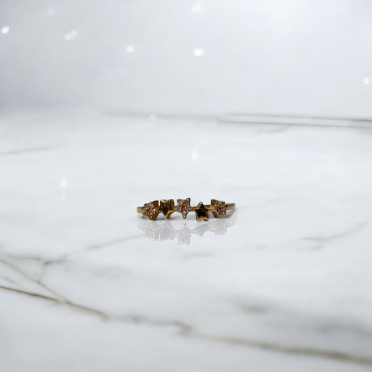 18K Yellow Gold Stars-Flowers Ring With Zircons / 1.3gr / Size 7