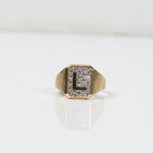 10K Yellow Gold Letter L Ring With Zircons / 4gr / Size 9.5