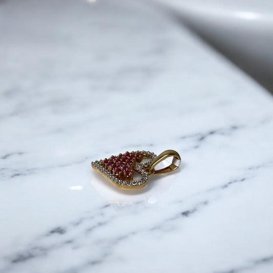 18K Yellow Gold Heart With Mesh Pendant With Fucshia/Whie Zircons / 1.94gr / 0.8in