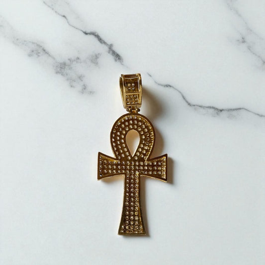 10K Yellow Gold Egyptian Cross Pendant With Zircons / 6gr / 2in