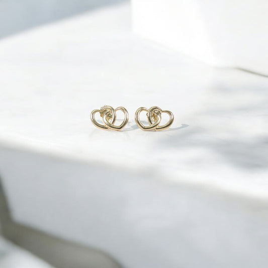14K YG Double Heart Stud Earrings /  / 12mm /