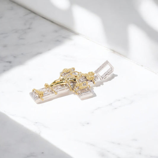 10K 2 Tone Diamond Crusifix Pendant / 20.83gr / 2.5in / 3.84Wt Dia