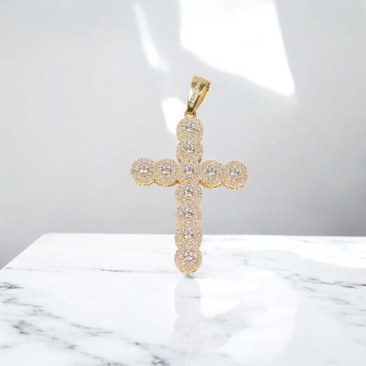 14K YG Big Cross Pendant / 6.3gr / 2.1in / White Zircons