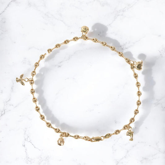 18K Yellow Gold Gc-Dolphin-Elephant-Cat-Holy Spirit-Ladybug Anklet / 4.3gr / 3.6mm / 9.5in