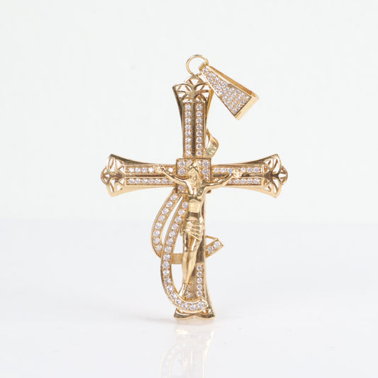Jesus Cross Pendant 14K Yellow Gold With Zirconia / 11.9gr