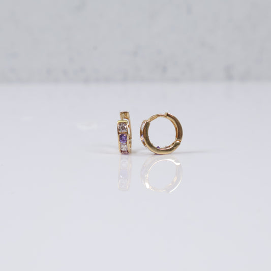 14K Yellow Gold Luxury Huggie Hoop Earrings With Purple Zircons / 0.9gr