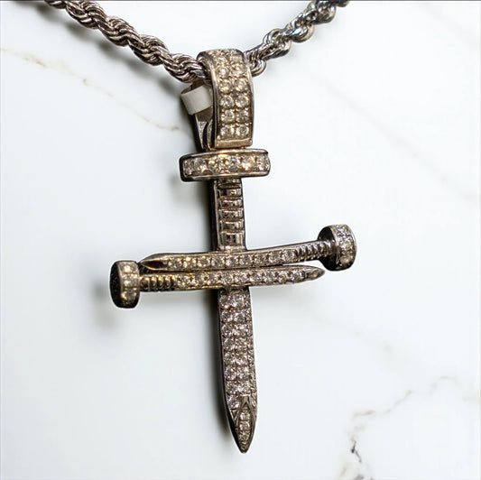 Diamond Sword Cross Pendant 14K White Gold / 6.2gr
