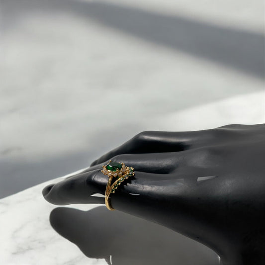 18K Yellow Gold Tiara Ring With Green/White Zircons / 3gr / Size 5.5