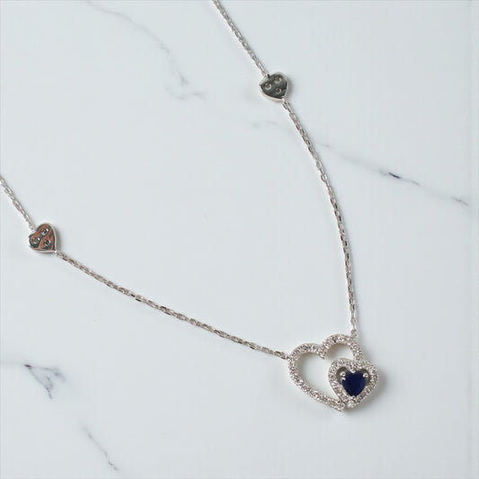 14K WG Diamond Double Heart With Sapphire Set Jewelry / 2.93gr / 1mm / 18in / S-0.28Ct / D-0.40Ct