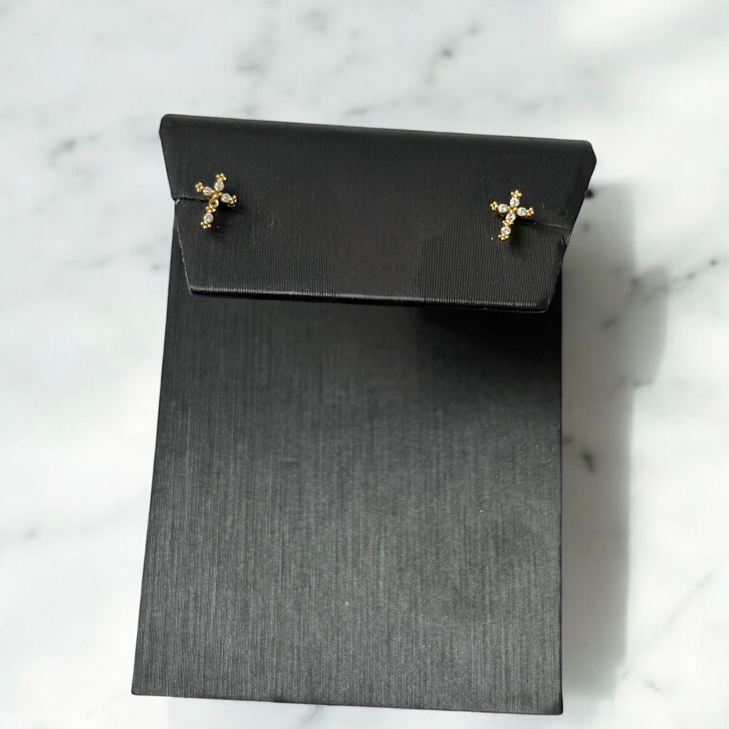 14K Yellow Gold Cross Stud Earrings With Zircons / 0.35gr