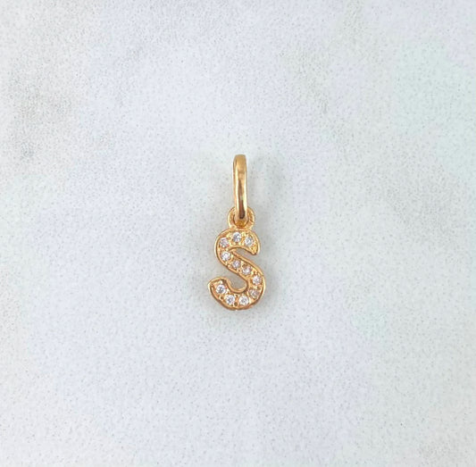18K Yellow Gold Letter S Italics Pendant With Zircons / 0.52gr / 0.5in