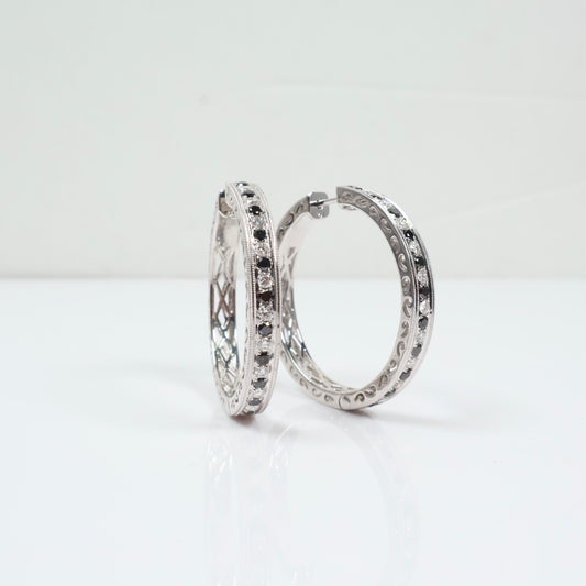 18K WG Diamonds Black and White Luxury Hoop Earrings / 15.8gr / 1.3in / D-0.63Ct