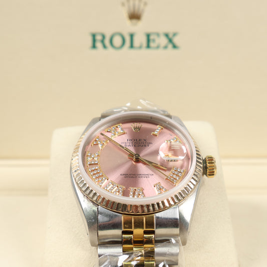 Rolex datejust Pink Face Dia Dial Roman Numbers Ref 16013 Watch / 36mm /