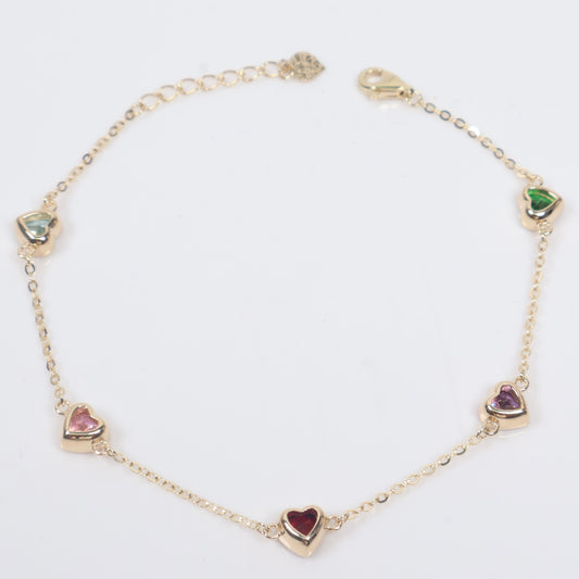 14K YG Little Hearts Bracelet / 4.1gr / 1.1mm / 8in / Colored Zircons