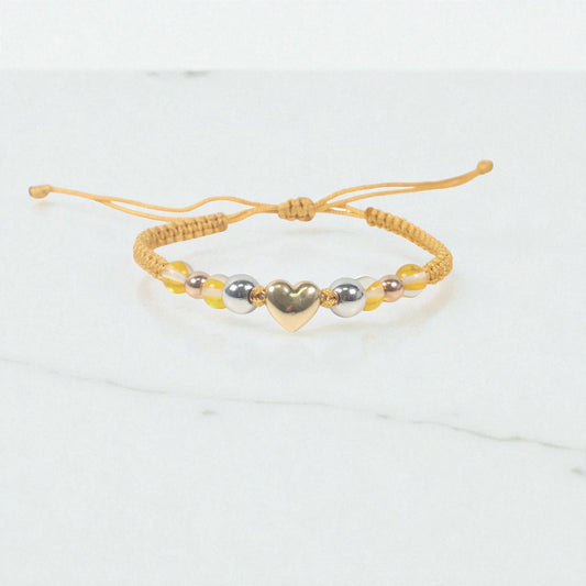 18K 3 Tone Heart-Smooth Balls Bracelet Tejido / 1.36gr / Adjustable /