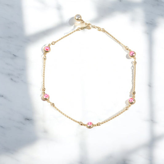 14K Yellow Gold Happy Face Pink Anklet With Zircons / 5gr / 1.4mm / 9in