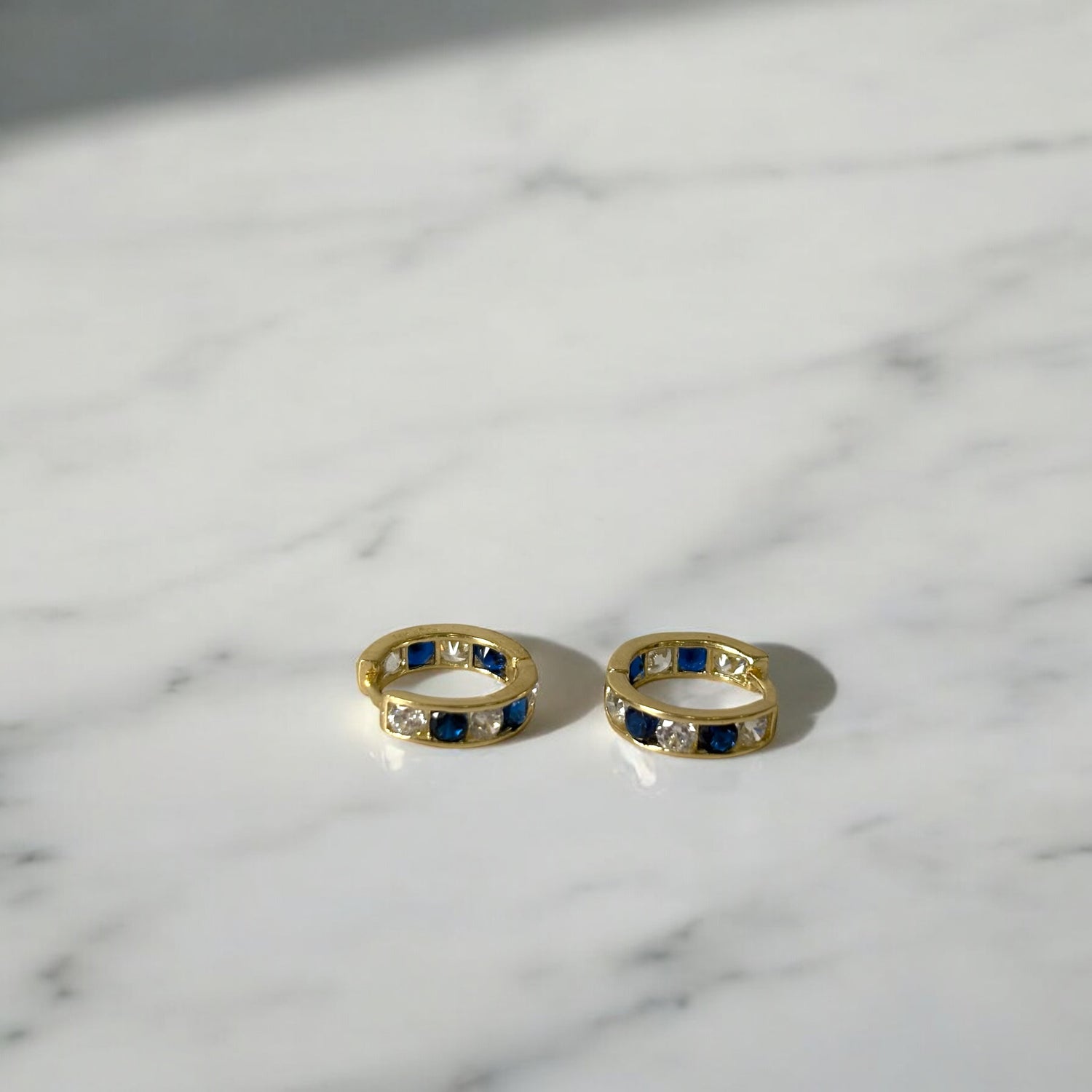 14K Yellow Gold Luxury Bluestone Hoop Earrings / 1.2gr