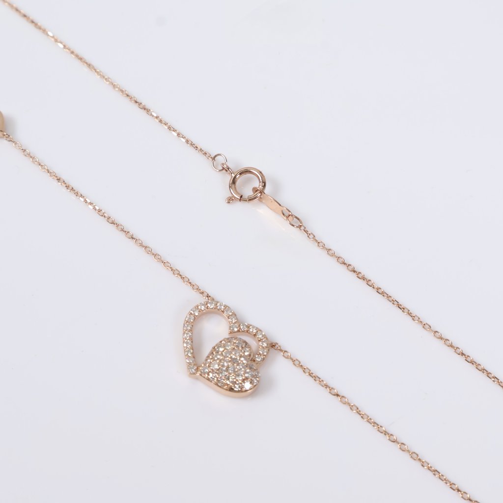 14K RG Diamond Double Heart Set Jewelry / 3gr / 1mm / 18in / 0.60Ct / VS2-SI / G-H