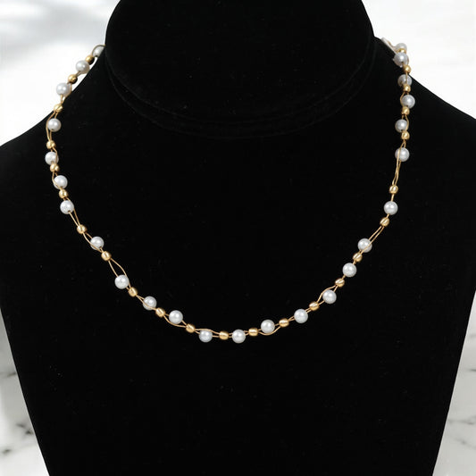 18K Yellow Gold Pearls Chain / 8.5gr / 0.5mm / 16in