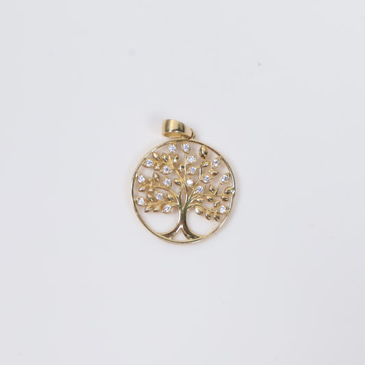 14K YG Round Tree Of Life Pendant / 1.5gr / 1in / White Zircons