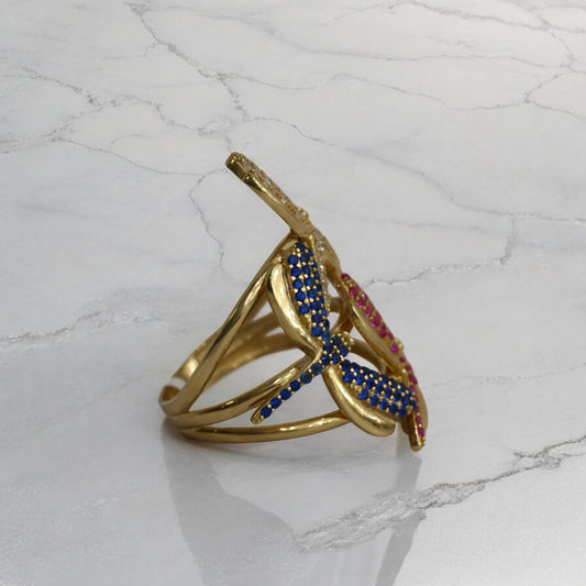 14K Yellow Gold Dragon-Fly Ring With Zirconia / 4.4gr / Size 6.5