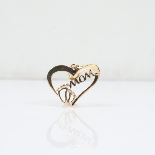 14K YG Heart-Mom Pendant / 2.34gr / 0.7in / White Zircons