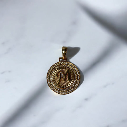 18K Yellow Gold Letter Medal M Pendant With Zircons / 4.6gr / 1.3in