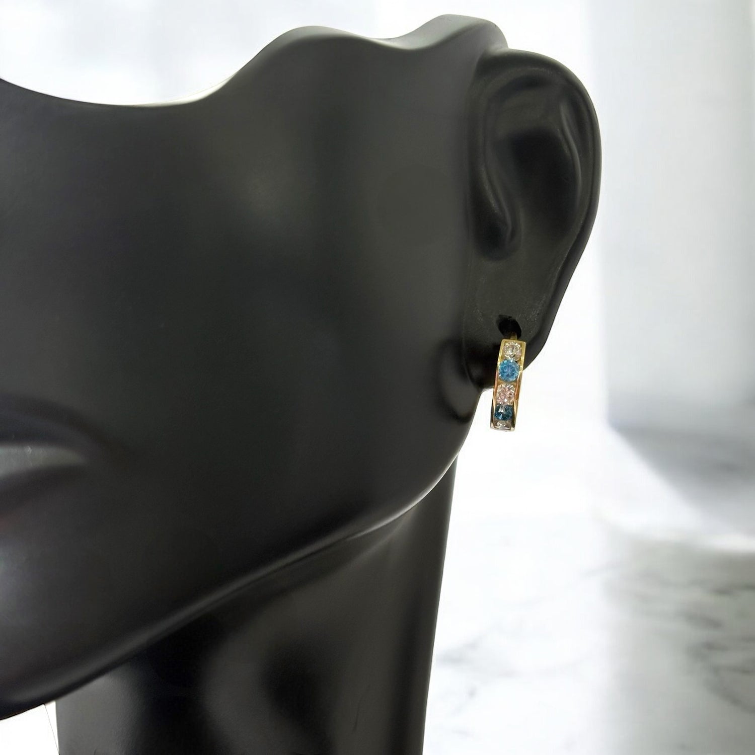 14K Yellow Gold Luxury Huggie Hoop Earrings With Sky Blue Zircons / 1gr