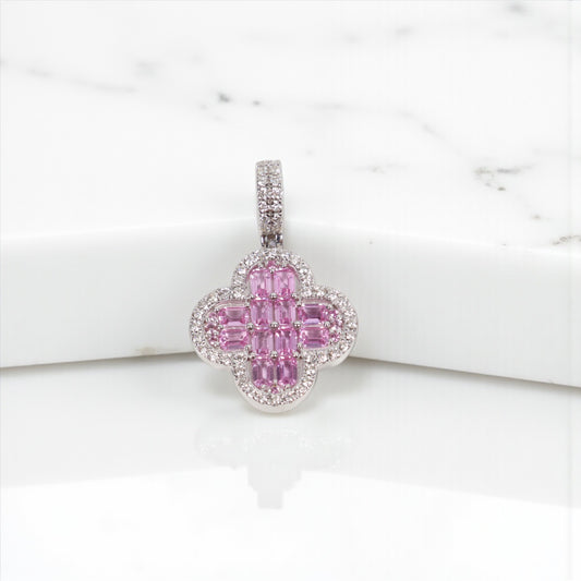 14K WG Diamond Clover With Pink Sapphire Pendant / 5.33gr / 1.1in / S-2.09Ct / D-0.60Ct