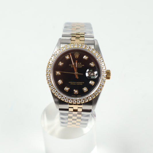 Rolex Datejust Two Tone Black Dia Dial - Diamond Bezel Watch / 36mm / Wt Dia