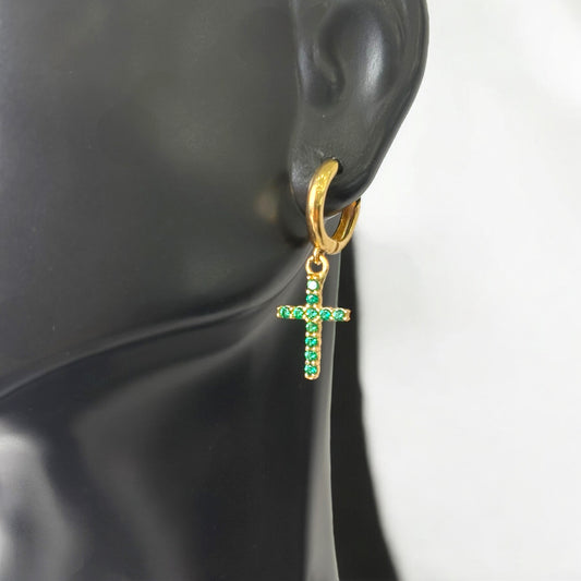 18K Yellow Gold Cross Hoop Earrings With Green Zircons / 2.8gr