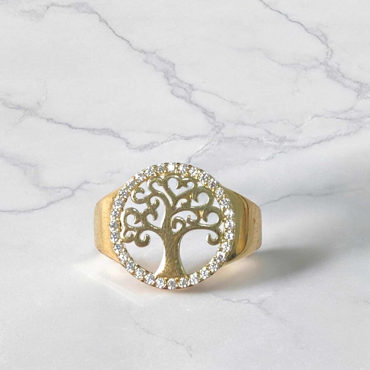 14K Yellow Gold Tree Ring With Zirconia / 2.6gr / Size 7