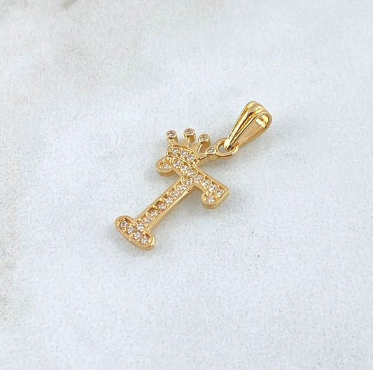 18K Yellow Gold Letter T With Crown Pendant With Zircons / 1.27gr / 1in