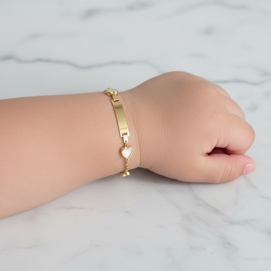 14K YG Baby Roll-on Name Plate With White Heart Bracelet / 2.67gr / 2mm / 6in /
