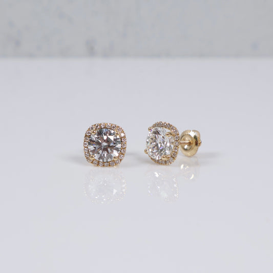 14K YG Lab Diamond Norwich Cushion Cut With Certificate  Stud Earrings / 2gr / 9mm / 3.32 CTTW Lab VS / E-F