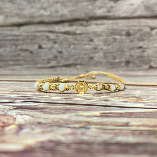 18K Yellow Gold Tejida Letter H Textured Circle-Diamond Cut Balls Bracelet Adjustable / 0.67gr