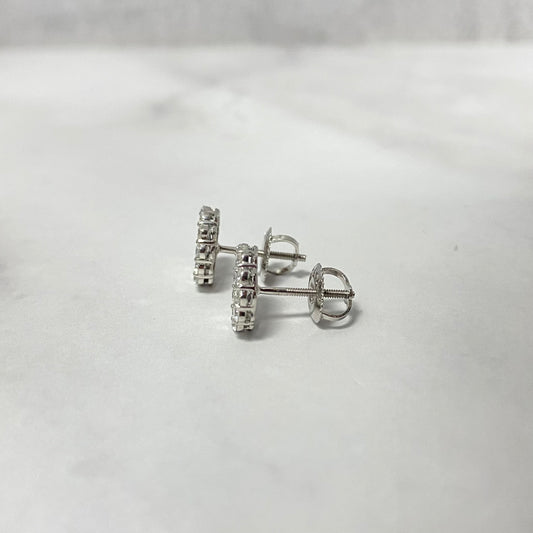 14K White Gold Lab Diamond Flower Round Stud Earrings 0.98Ct Lab Dia Vs / 1.41gr / 9mm