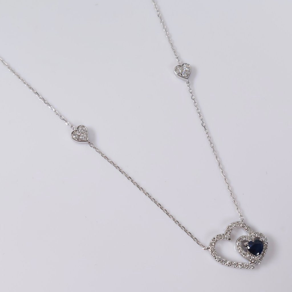 14K WG Diamond Double Heart With Sapphire Set Jewelry / 3gr / 1mm / 18in / 0.45Ct / VS2-SI / G-H - 0.30 Sap