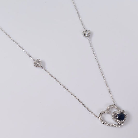 14K WG Diamond Double Heart With Sapphire Set Jewelry / 3gr / 1mm / 18in / 0.45Ct / VS2-SI / G-H - 0.30 Sap