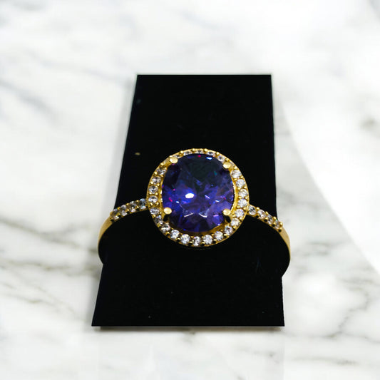 14K Yellow Gold Purplestone Ring With Zirconia / 2.9gr / Size 8.5