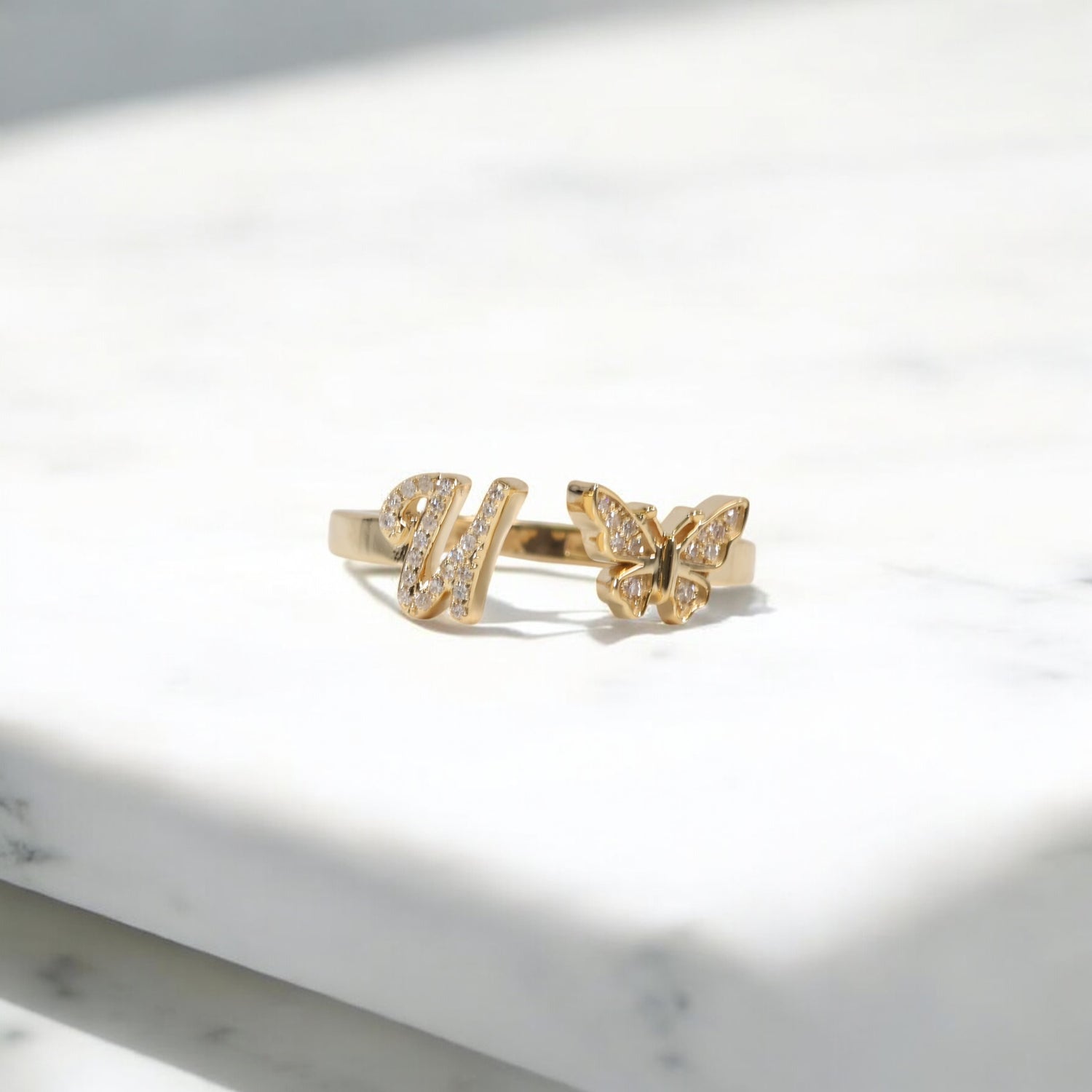 10K YG Diamond Butterfly - Letter U Rings / 2.28gr / Sz 7.5 / 0.1Wt Dia