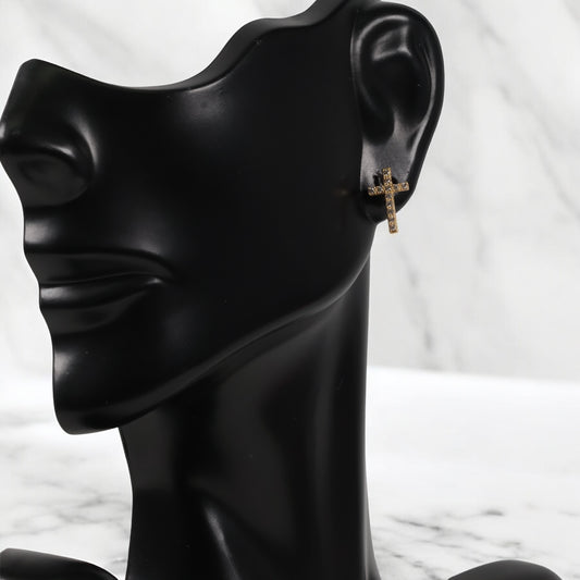 18K Yellow Gold Cross Stud Earrings With Zircons / 1gr