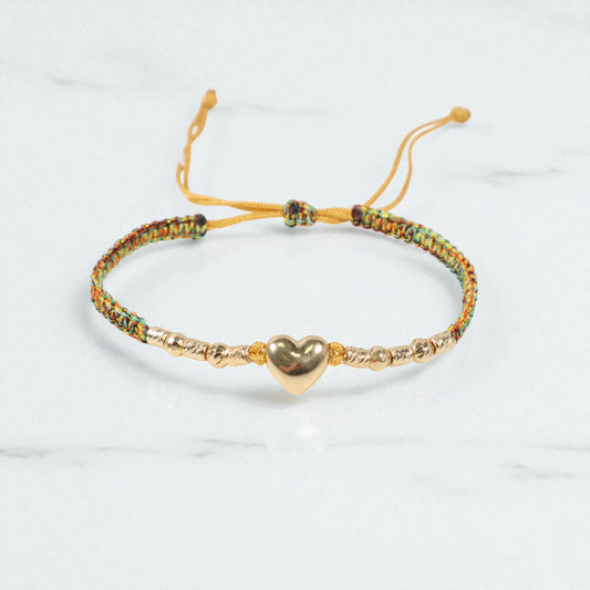 18K YG Heart-Diamond Cut Balls-Cylinder Bracelet Tejido / 1.41gr / Adjustable /