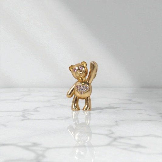 18K Yellow Gold Heart Bear Pendant With Pink/White Zircons / 4gr