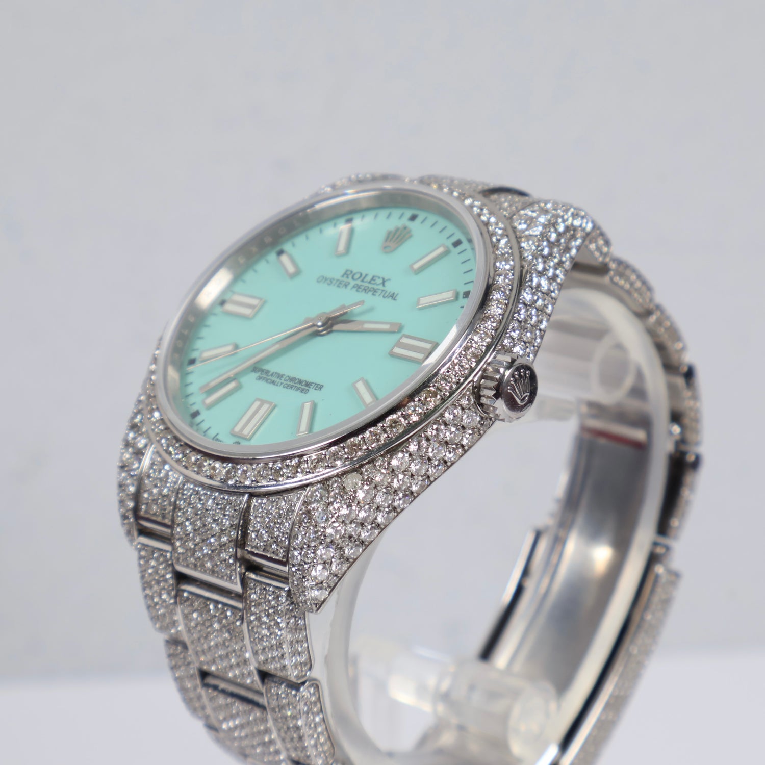 Rolex 41Mm Bustdown 114300-14.62Ct Gold Bezel Tiffany Face 2020 Oyster Band