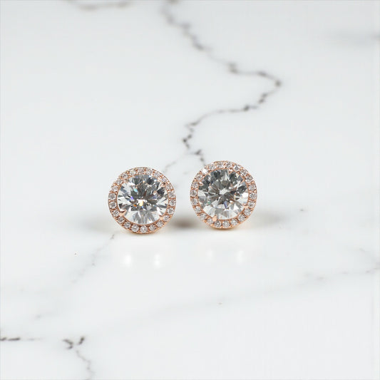14K RG Diamond Solitaire Round With Certificate Stud Earrings / 2.71gr / 10mm / RD 4.09Ct - D 0.27Ct