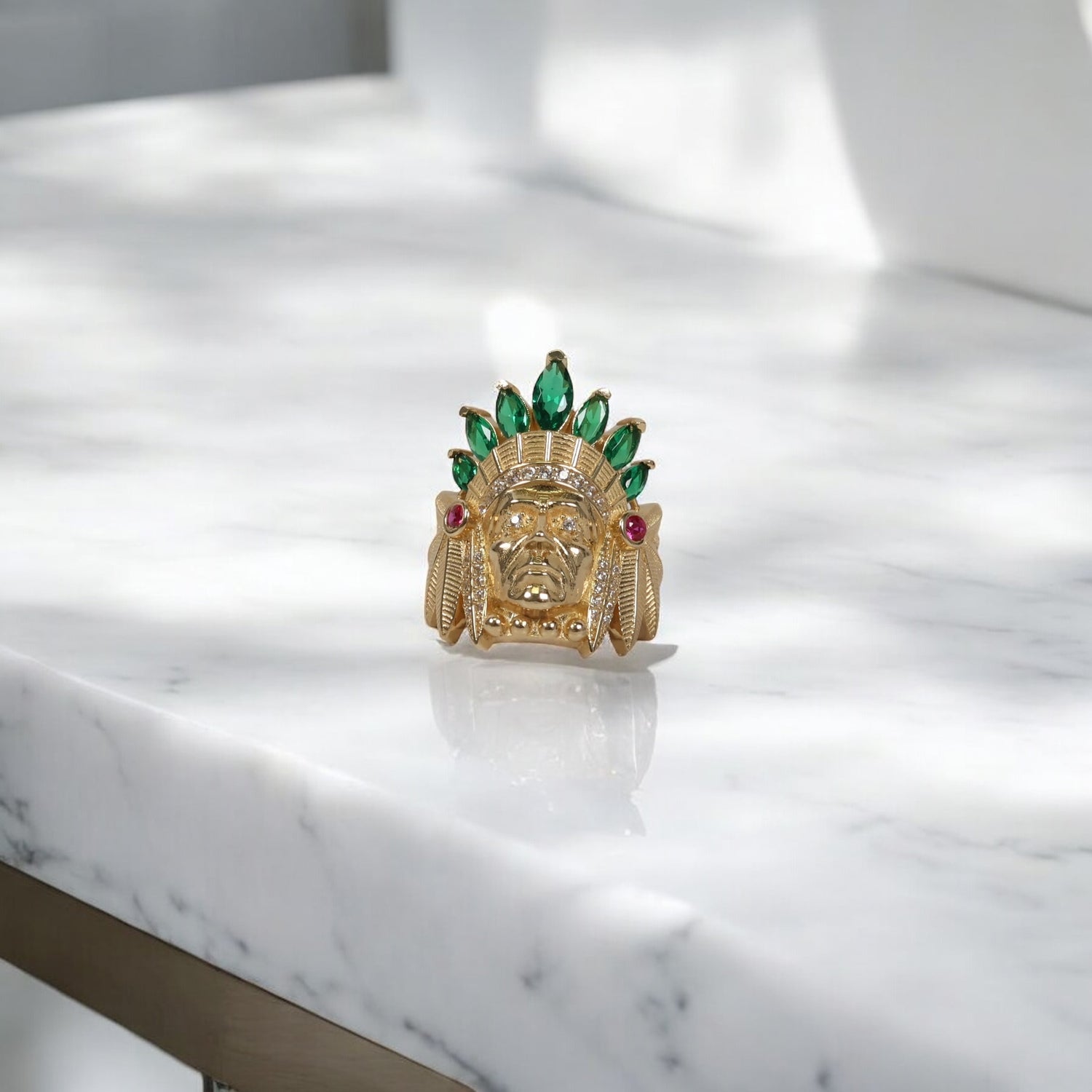 14K YG Indio  Rings / 5.6gr / Sz 8 / White/Fucshia/Green Zircons
