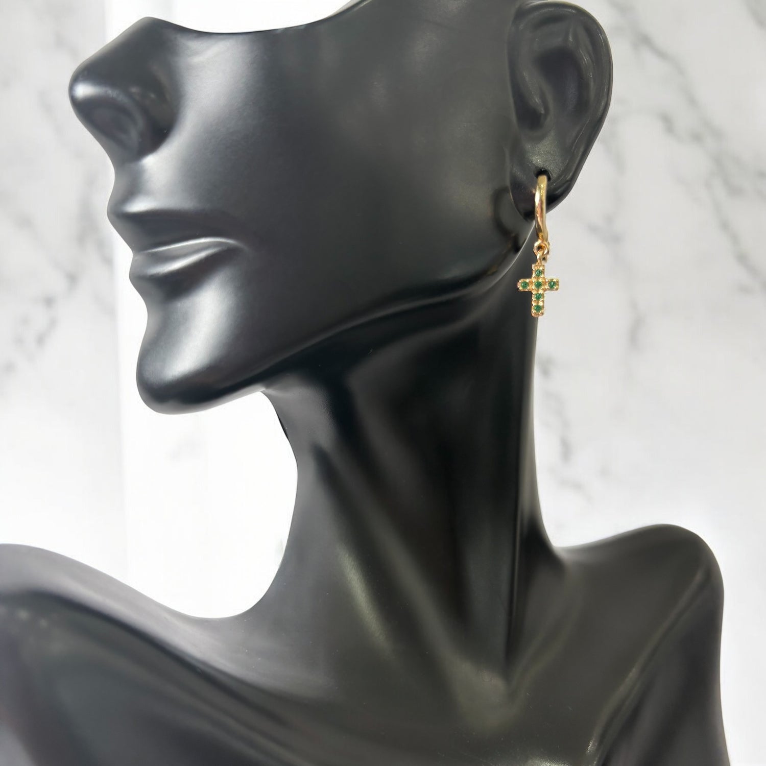 18K Yellow Gold Cross Hoop Earrings With Green Zircons / 2.66gr / 0.9in
