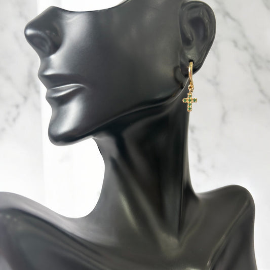 18K Yellow Gold Cross Hoop Earrings With Green Zircons / 2.66gr / 0.9in